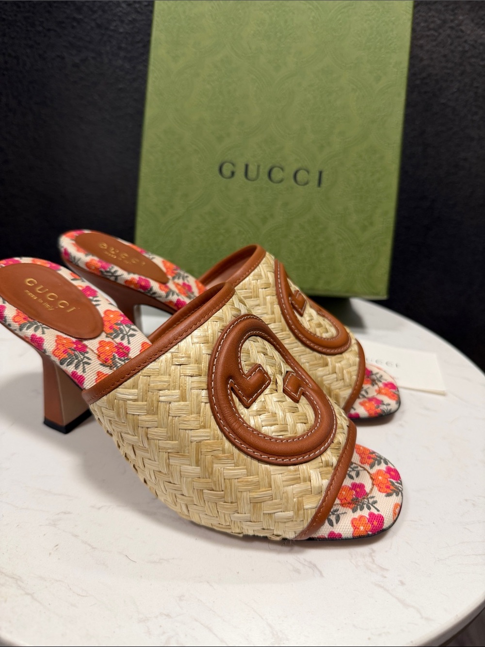 Gucci Authentic Raffia Heels. Calf skin . Excellent condition like NEW with/ Box
